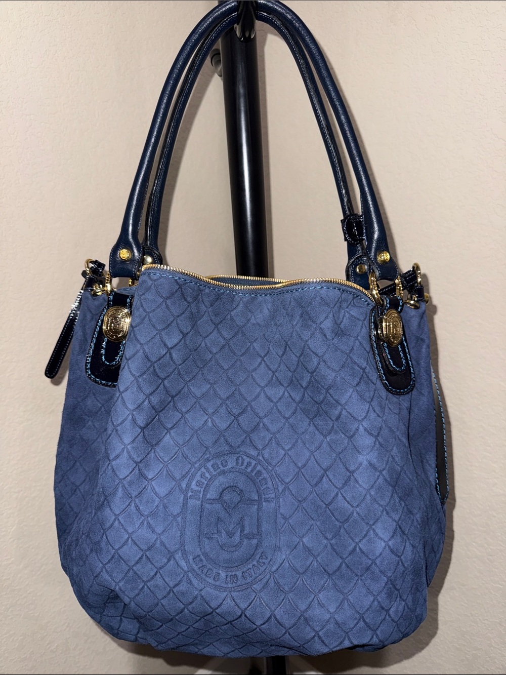 Marino Orlandi Navy Blue Shoulder Bag with Gold Accents